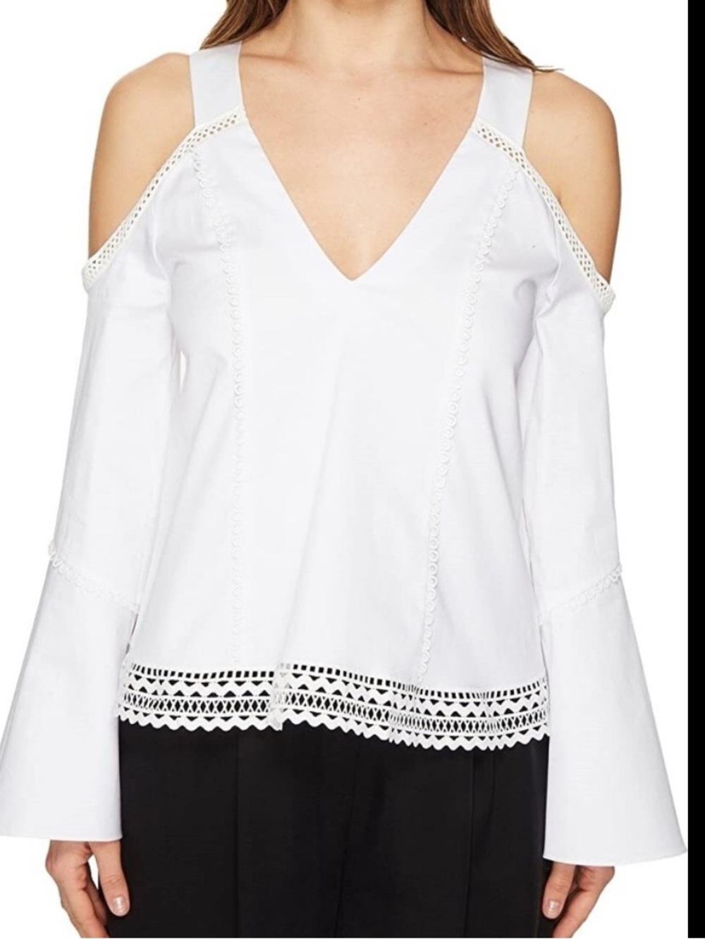 Zac Posen White Cold-Shoulder V-Neck Top with Lace Trim Sz 6